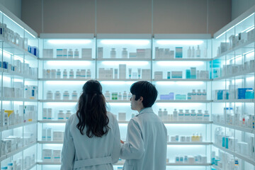 two chemists work together in the pharmacy