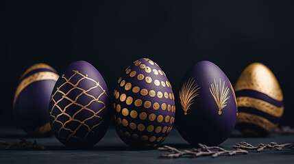 A collection of vibrant, regal spheres adorned with intricate designs and gleaming in shades of purple and gold, symbolizing the joy and renewal of easter and the magic of egg decorating