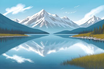 Naklejka premium A peaceful mountain lake reflecting the surrounding peaks.