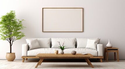 Fototapeta na wymiar Modern and cozy living room with white sofa, square coffee table, rustic cabinets, and blank poster frames in Japanese style home interior design