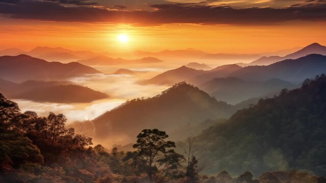 the longitudinal mountains and the setting sun. sunrise in the mountains. seamless looping overlay 4k virtual video animation background 