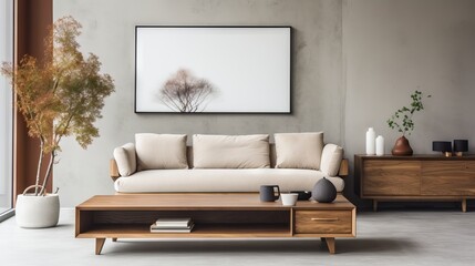 Modern and cozy living room with white sofa, square coffee table, rustic cabinets, and blank poster frames in Japanese style home interior design