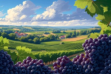 Burgundy vineyard in France, wine sampling, renowned grapes vector design, depiction of Bordeaux landscape, tranquil natural winery, delectable French wines, cabernet red wine grape harvest.