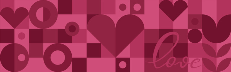 Seamless burgundy background with hearts for Valentine's Day. Trendy red geometric shapes with circles, squares in retro style for Mother's Day or wedding cover.