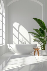 A Bright, Minimalist Bathroom Bathed in Natural Sunlight, Featuring a Clean White Aesthetic and Ample Copy Space for a Fresh and Inviting Atmosphere.