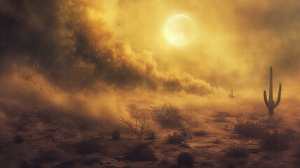 A harsh desert environment during a sandstorm, swirling clouds of dust obscuring the sun, visibility reduced to mere meters, cacti and tumbleweeds bending under the force of the wind - obrazy, fototapety, plakaty