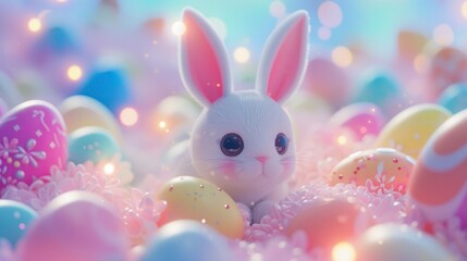 Fototapeta na wymiar Adorable Easter Joy, A Cute Easter Bunny Playfully Surrounded by a Array of Colorful Easter Eggs, Spreading Joy and Delight.