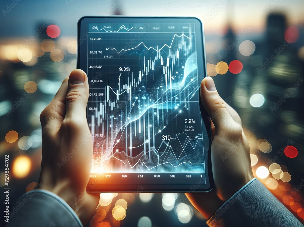 Aufkleber a person holding a transparent futuristic tablet displays graphs and financial data with an upward t