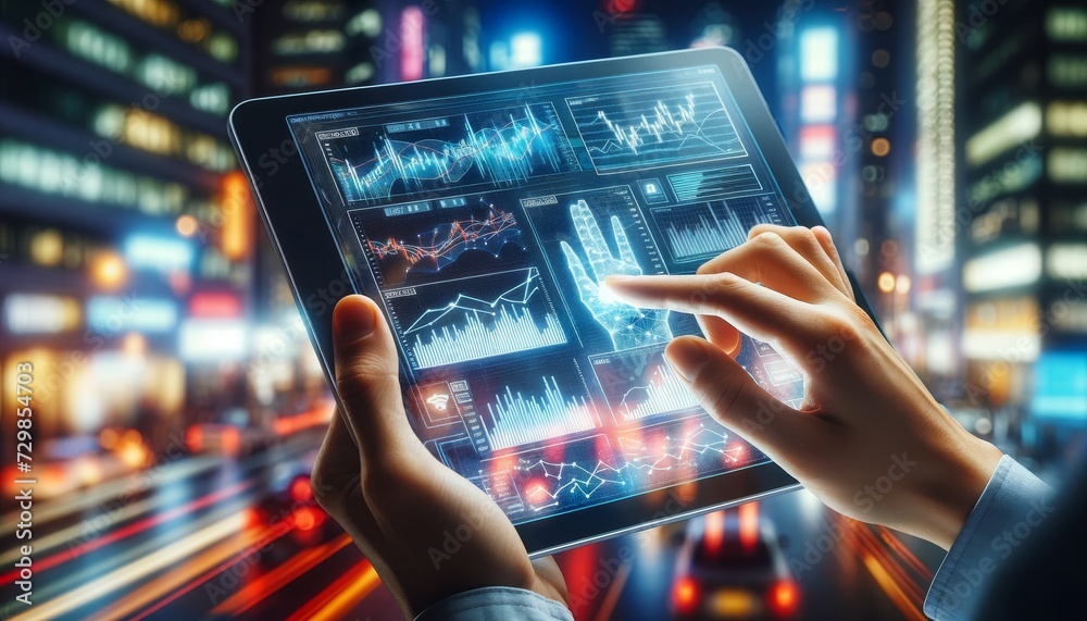Poster a person holding a transparent futuristic tablet displays graphs and financial data with an upward trend arrow showing growth