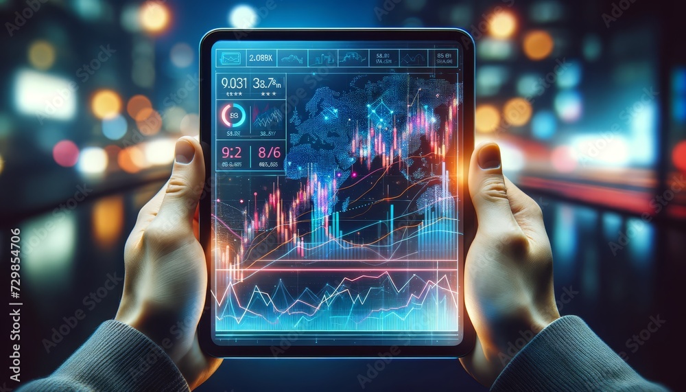 Poster a person holding a transparent futuristic tablet displays graphs and financial data with an upward t