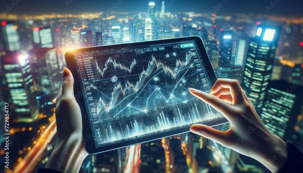 Poster a person holding a transparent futuristic tablet displays graphs and financial data with an upward t