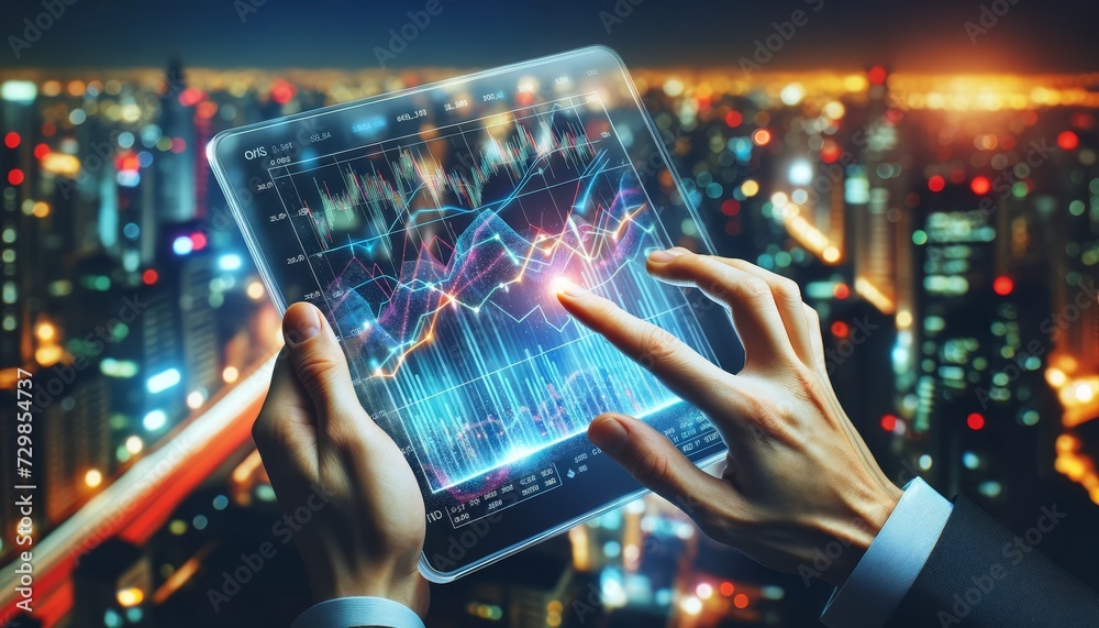 Poster a person holding a transparent futuristic tablet displays graphs and financial data with an upward t