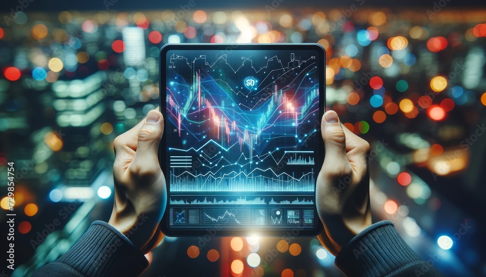 Poster a person holding a transparent futuristic tablet displays graphs and financial data with an upward trend arrow showing growth