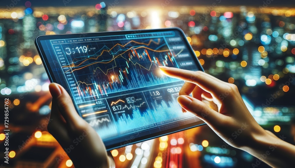 Poster a person holding a transparent futuristic tablet displays graphs and financial data with an upward trend arrow showing growth