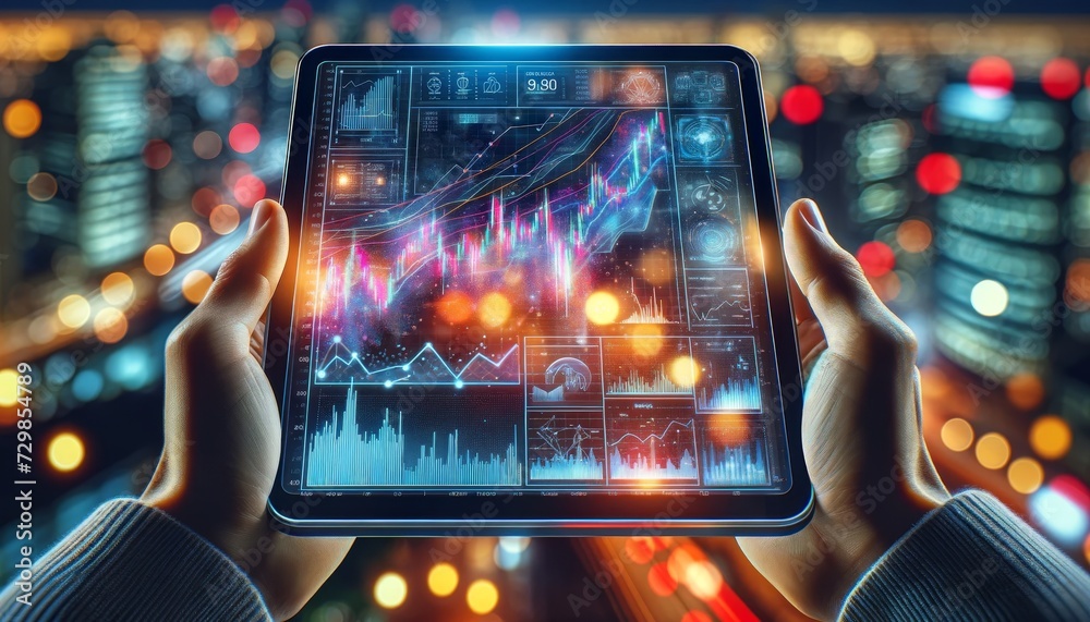 Poster a person holding a transparent futuristic tablet displays graphs and financial data with an upward t