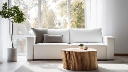 Minimalist living room with tree stump coffee table and white sofa