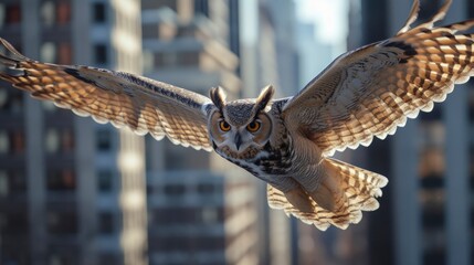 Urban Aviator, A Majestic Owl Soaring Between City Buildings, Mastering the Skies in an Urban Setting.
