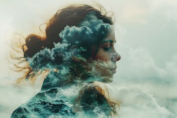 Digital art, collage of steam waves, beautiful girl model double exposure, aesthetic atmosphere, acute sense of disorientation