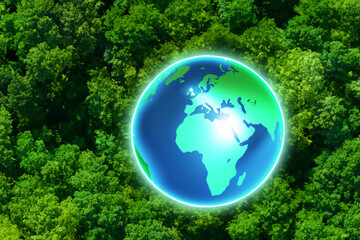 Obraz na płótnie Canvas Earth. planet earth against a background of green forest, close-up. nature protection concept