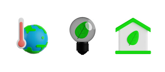 Global Warming, Green Electricity, Green House, 3d render icon illustration, ecology 3d set, transparent background