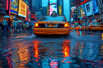 Fototapeta na wymiar NYC Taxi Ride in the Rain A Trip Through the City's Neon Lights Generative AI