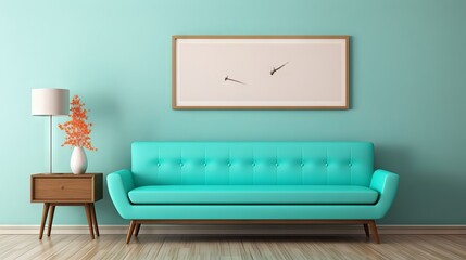 Modern living room with turquoise sofa, wooden wall and cabinets, and blank poster frame in mid-century vintage style