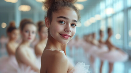 Ballet class. Beautiful teenage ballerina practising with her colleagues in big ballet studio