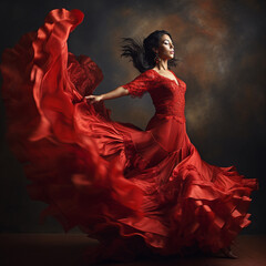 Flamenco dancer. Passionate woman dancing flamenco in long, red dress - obrazy, fototapety, plakaty