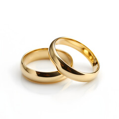 Two gold wedding bands on a white background 