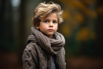 Portrait of a little boy in a knitted sweater and scarf.
