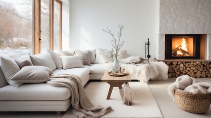 Cozy and elegant living room with white corner sofa and fireplace in Scandinavian style