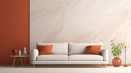 Fototapeta na wymiar Minimalist and cozy living room with white sofa and terra cotta wall