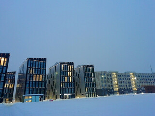 Moscow, Russia - Febrary 4, 2022: Skolkovo innovation center is a modern scientific and technological innovation complex. Russian silicon valley. Residential quarters of Skolkovo residents. 
