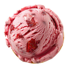 A vibrant strawberry ice cream ball, its surface dotted with real strawberry pieces