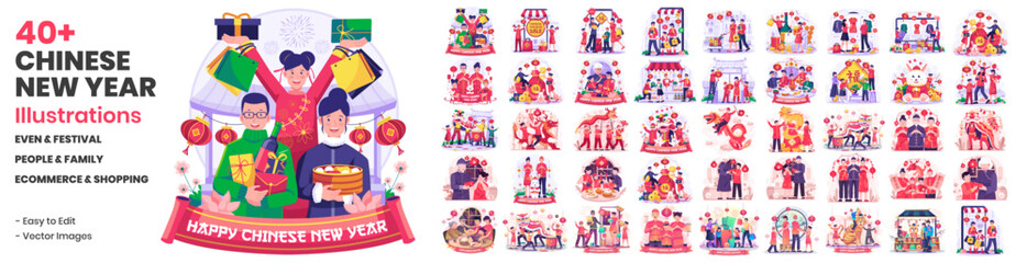 Huge Set of Illustrations Chinese New Year With Asian People Celebrate Chinese New Year. People Doing Shopping Online. Chinese Dancing Lion. Vector Illustration in Flat Style