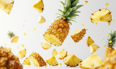 slice of chilies float in the air in white background.