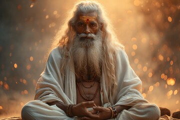 Guru G - A Bearded, White-Haired Man with a Long Beard and a Neckpiece, Sitting in Meditation Generative AI - obrazy, fototapety, plakaty
