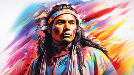 Fototapeta premium male native American, vibrant portrait, swirling color. a young man, a warrior in an ethnic costume. indian. light background.
