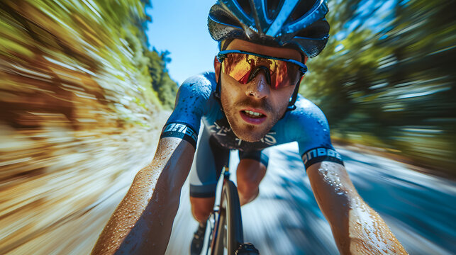 Dynamic close-up of a focused cyclist racing downhill, the speed blur conveying the intensity of the high-velocity descent. Generative ai