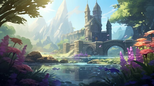 a fantasy castle in the middle of a forest, surrounded by water