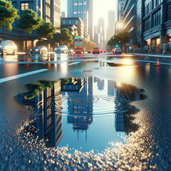 A puddle of water. A wet city road