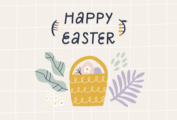 Happy Easter greeting card. Basket with Easter eggs, flowers and leaves. 