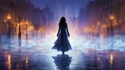 a girl is walking down the street at night with a glowing presence