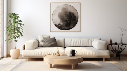 Modern and cozy living room with white sofa, square coffee table, rustic cabinets, and blank poster frames in Japanese style home interior design