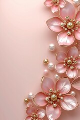 Fototapeta na wymiar Whimsical Elegance, 3D Pink Gold Flowers and Pearls Creating a Delicate Atmosphere with Ample Space for Text.