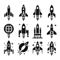 Meubelstickers Ruimteschip Set of Vector black Rocket icon on transparent or white background