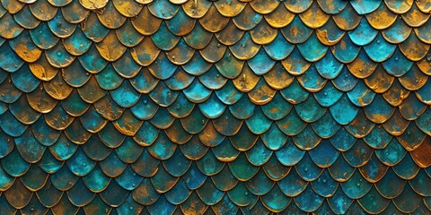 A Cohesive Pattern Resembling Fish Skin, Adorned with Small Multicolored Scales in Gold, Turquoise, and Cobalt Blue.