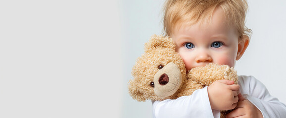 Fototapeta premium A Little Girl Is Holding A Teddy Bear In Front Of Her Face