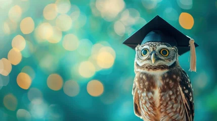Poster funny owl in the graduation cap and glasses on the Color background © AbGoni