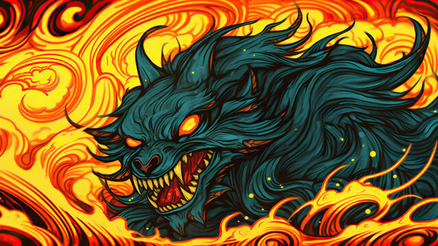 a green wolf on a fire background